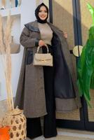 Tesettür giyim TABA ÇİZGİLİ DERİ DETAYLI KABAN 3477 