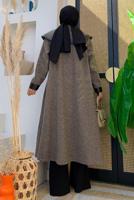 Tesettür giyim TABA ÇİZGİLİ DERİ DETAYLI KABAN 3477 