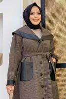 Tesettür giyim TABA ÇİZGİLİ DERİ DETAYLI KABAN 3477 