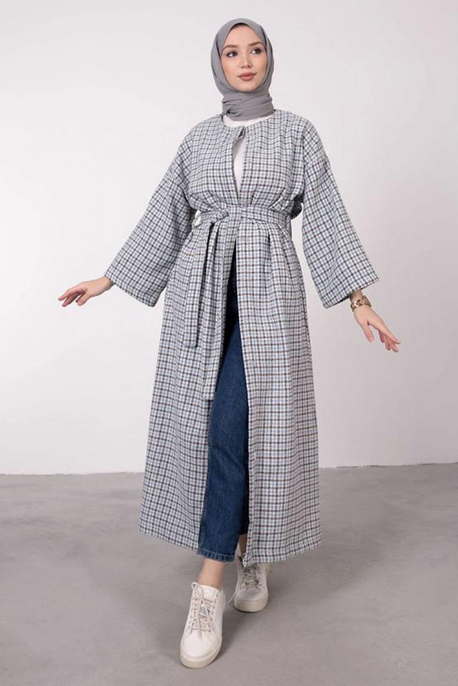 Tesettür giyim MAVİ KAZAYAĞI DESENLİ KABAN 3664