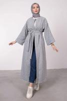 Tesettür giyim MAVİ KAZAYAĞI DESENLİ KABAN 3664