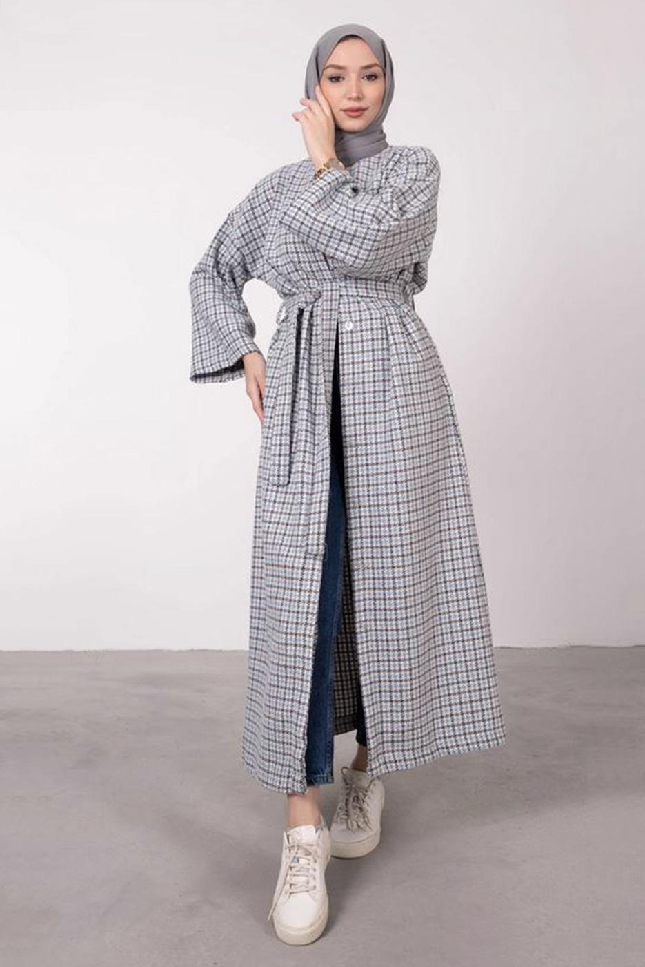Tesettür giyim MAVİ KAZAYAĞI DESENLİ KABAN 3664