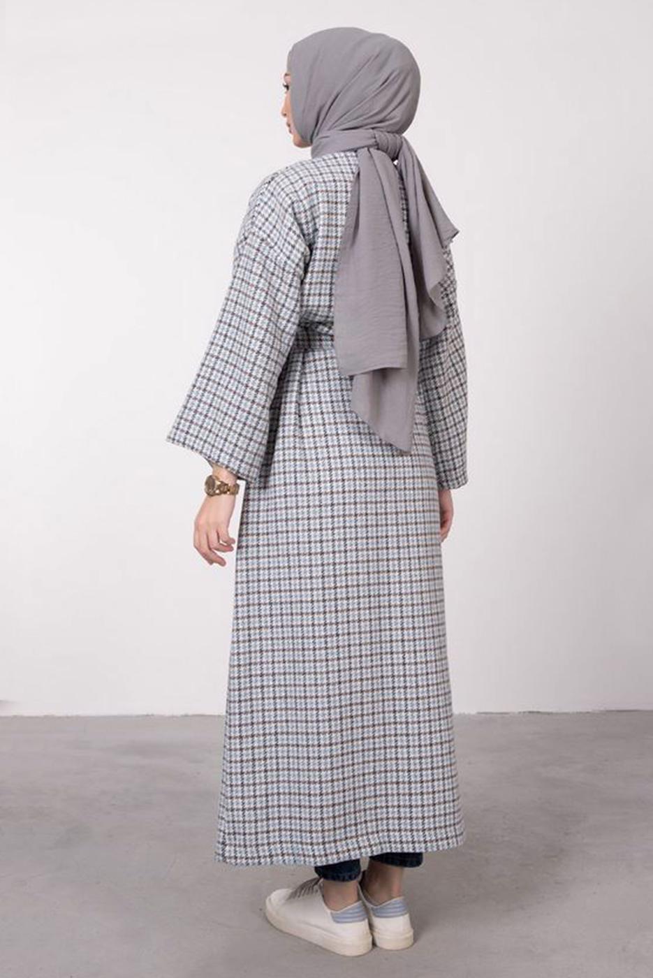 Tesettür giyim MAVİ KAZAYAĞI DESENLİ KABAN 3664