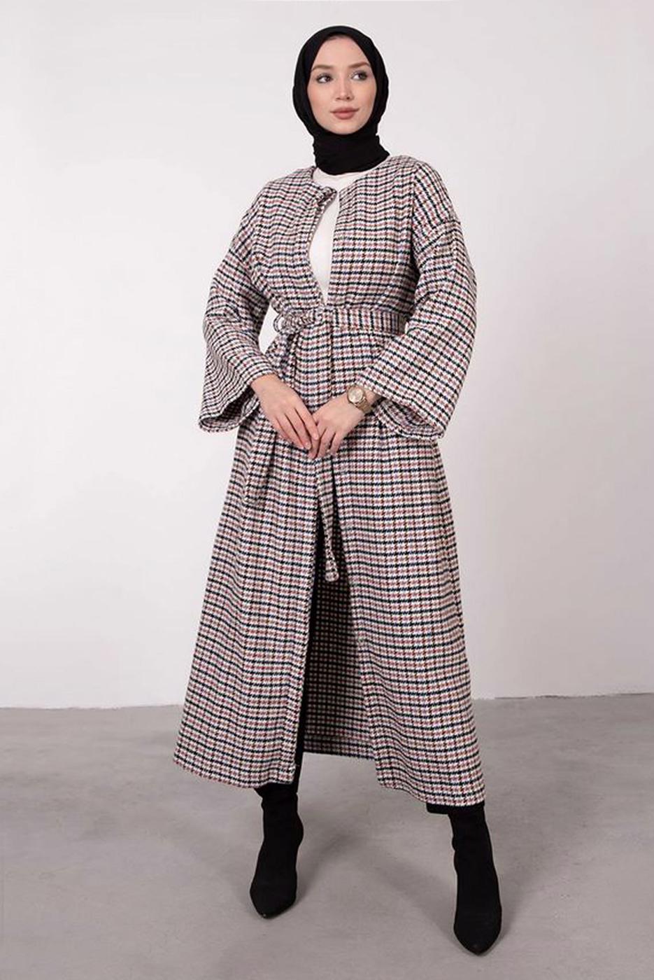 Tesettür giyim KAHVE KAZAYAĞI DESENLİ KABAN 3664