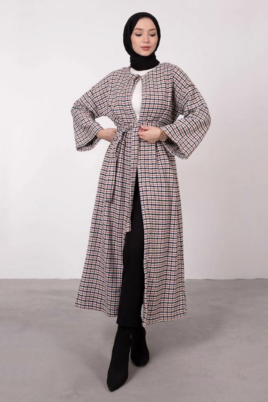 Tesettür giyim KAHVE KAZAYAĞI DESENLİ KABAN 3664