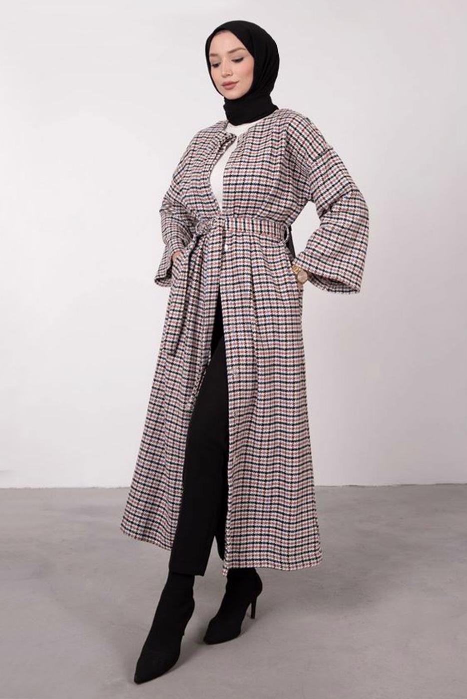 Tesettür giyim KAHVE KAZAYAĞI DESENLİ KABAN 3664