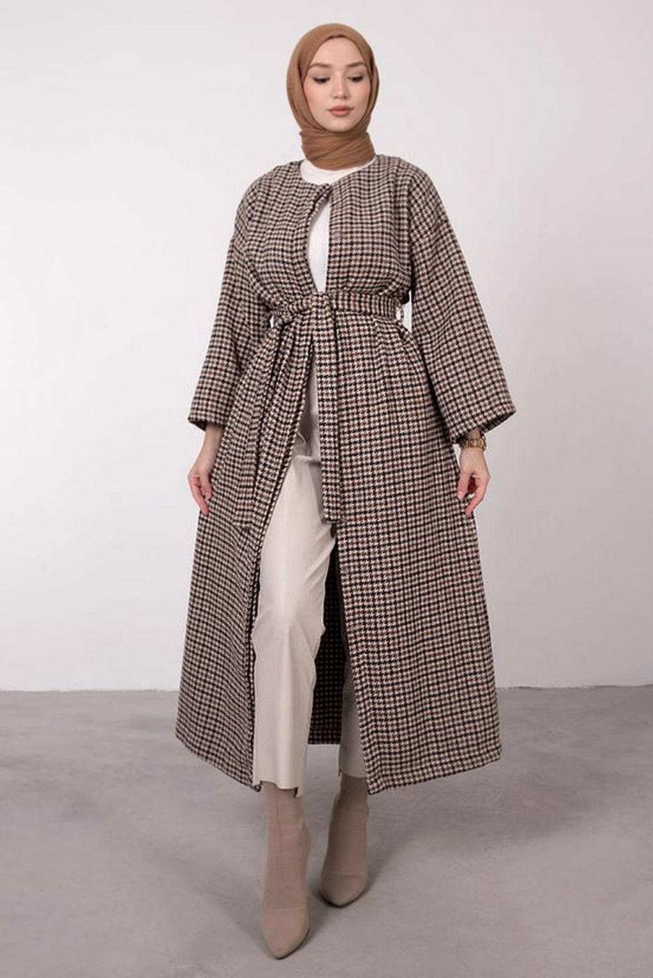Tesettür giyim VİZON KAZAYAĞI DESENLİ KABAN 3664