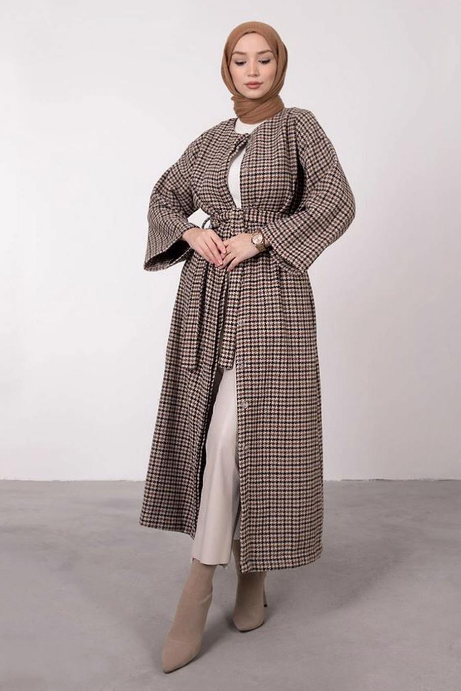 Tesettür giyim VİZON KAZAYAĞI DESENLİ KABAN 3664