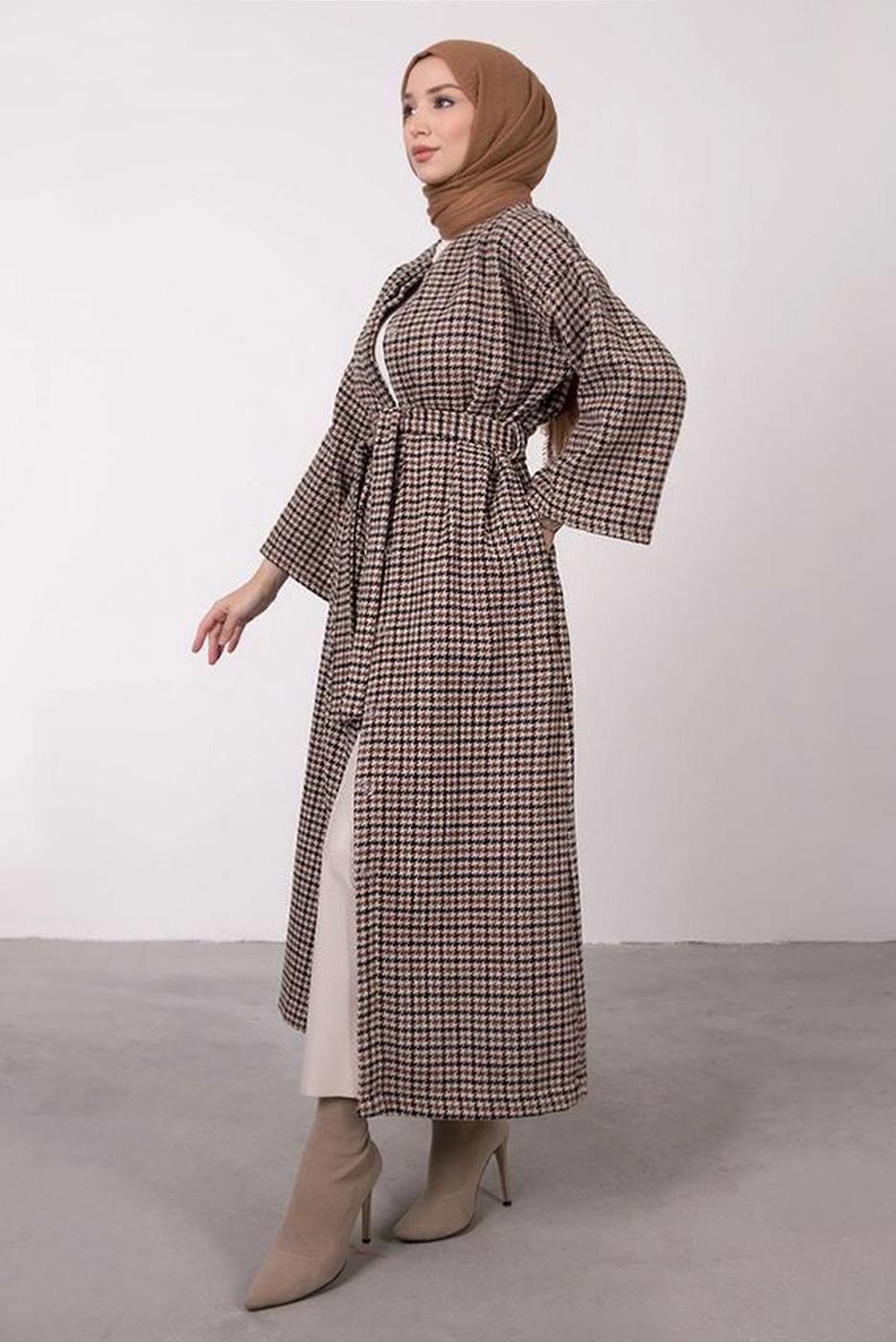 Tesettür giyim VİZON KAZAYAĞI DESENLİ KABAN 3664