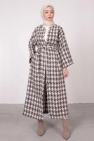 Tesettür giyim KAHVE KAZAYAĞI DESENLİ KUŞAKLI KABAN T 3665