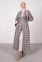 Tesettür giyim KAHVE KAZAYAĞI DESENLİ KUŞAKLI KABAN T 3665