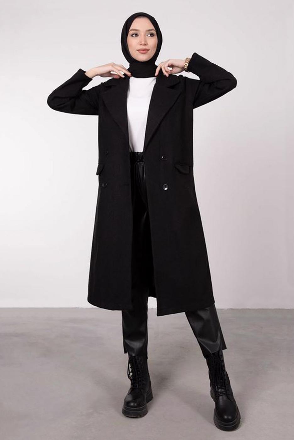 Tesettür giyim SİYAH KRUVAZE YAKA DÜĞMELİ KABAN 3885	