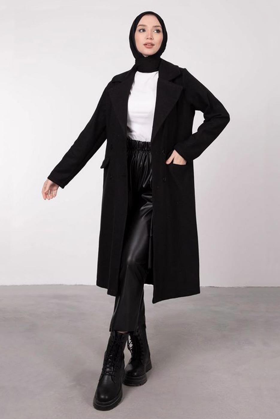 Tesettür giyim SİYAH KRUVAZE YAKA DÜĞMELİ KABAN 3885	