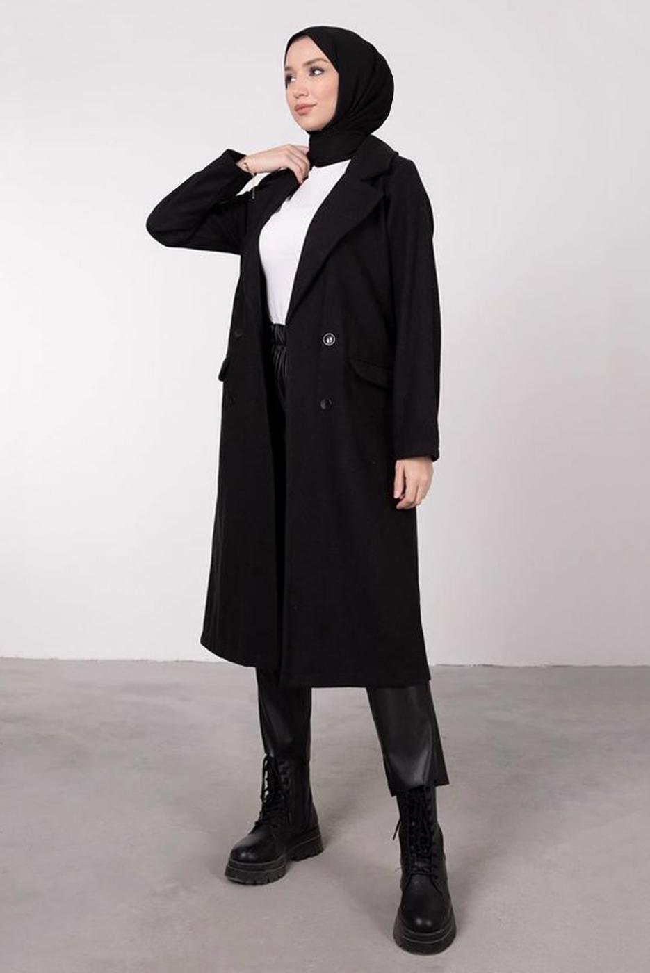 Tesettür giyim SİYAH KRUVAZE YAKA DÜĞMELİ KABAN 3885	