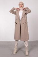 Tesettür giyim BEJ KRUVAZE YAKA DÜĞMELİ KABAN 3885	