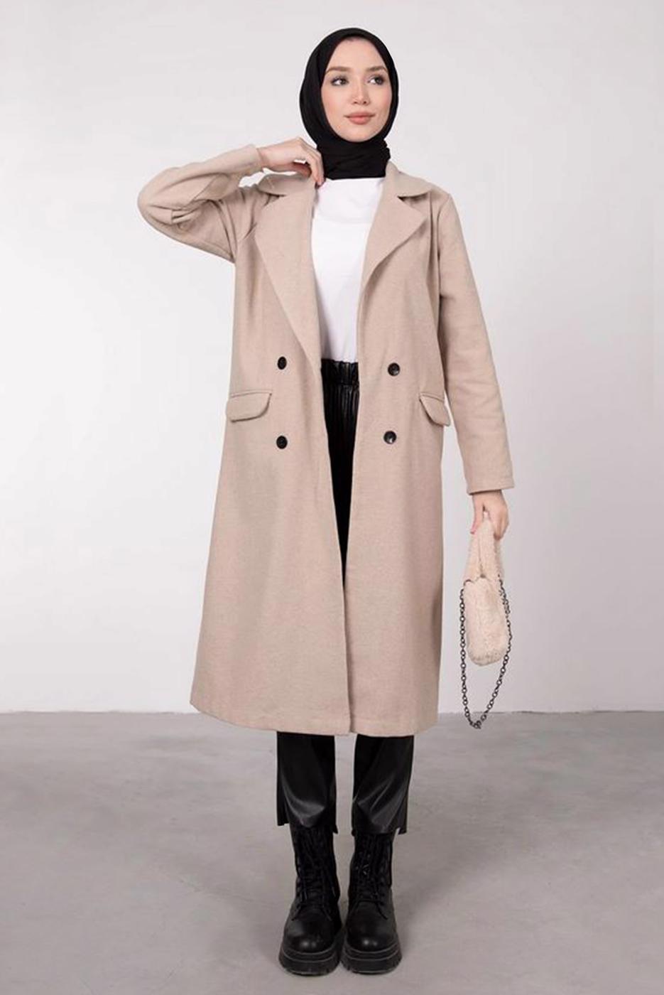 Tesettür giyim BEJ KRUVAZE YAKA DÜĞMELİ KABAN 3885	