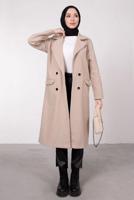 Tesettür giyim BEJ KRUVAZE YAKA DÜĞMELİ KABAN 3885	