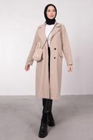 Tesettür giyim BEJ KRUVAZE YAKA DÜĞMELİ KABAN 3885	