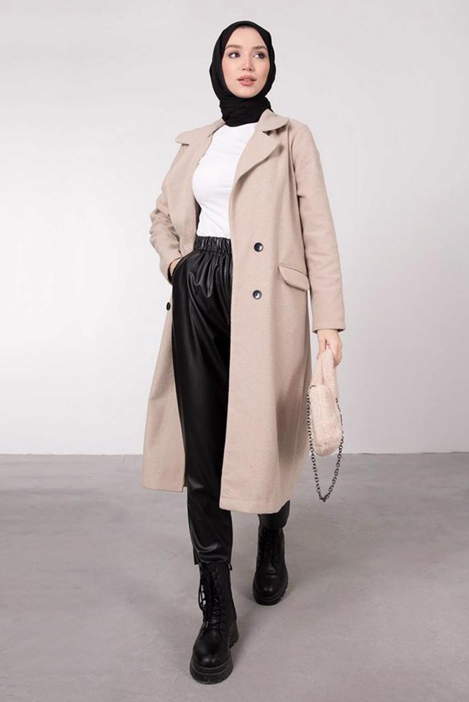 Tesettür giyim BEJ KRUVAZE YAKA DÜĞMELİ KABAN 3885	