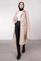 Tesettür giyim BEJ KRUVAZE YAKA DÜĞMELİ KABAN 3885	