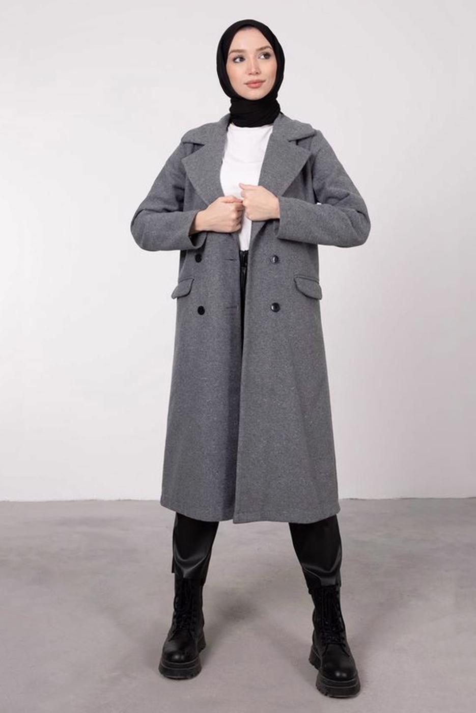 Tesettür giyim GRİ KRUVAZE YAKA DÜĞMELİ KABAN 3885	