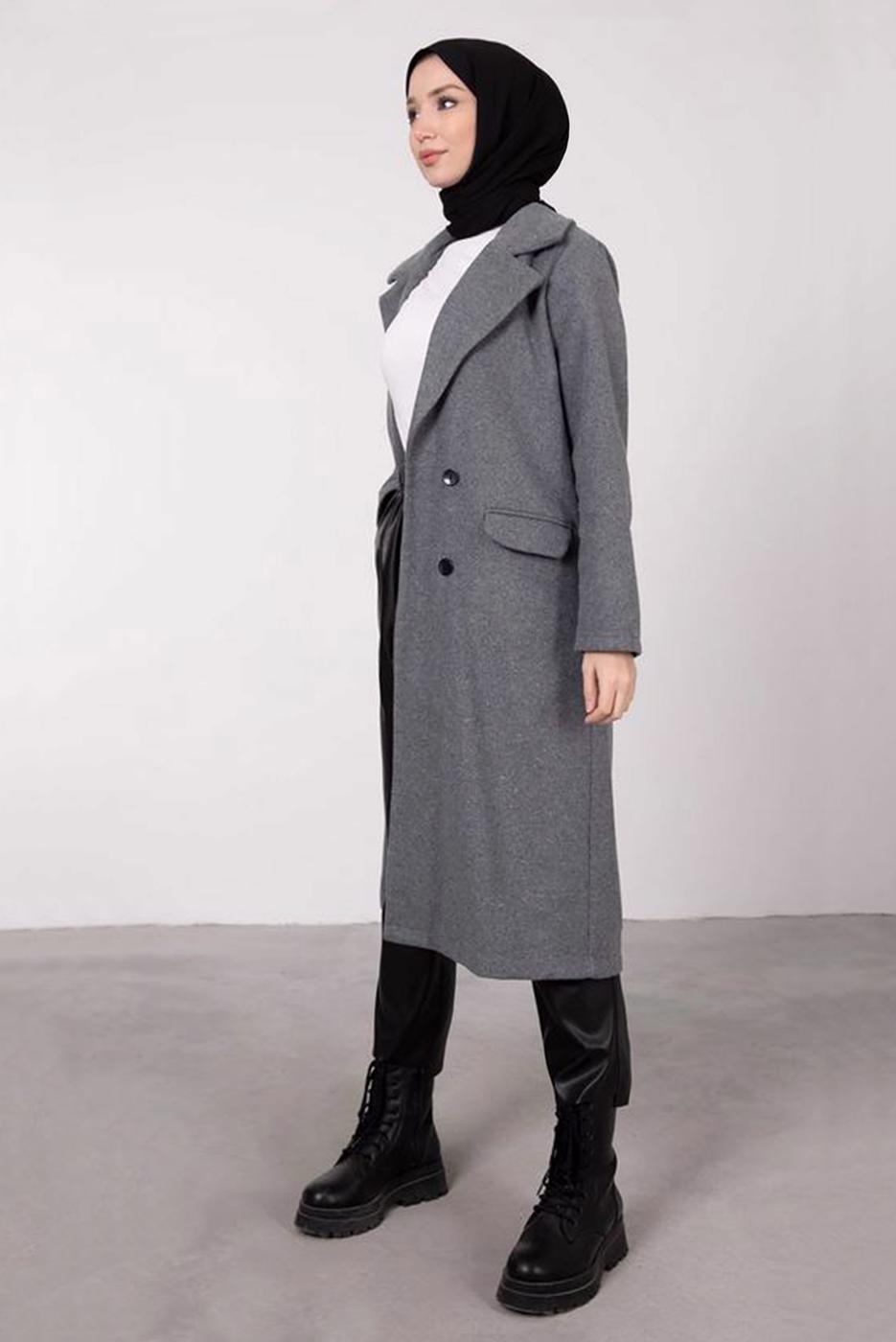 Tesettür giyim GRİ KRUVAZE YAKA DÜĞMELİ KABAN 3885	
