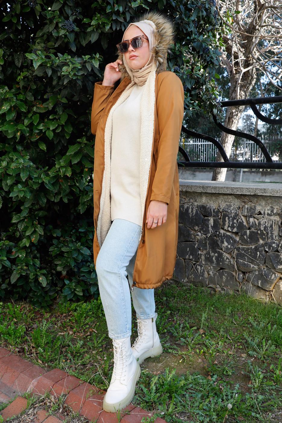 Vêtements hijab ORANGE MANTEAU À CAPUCHE TAILLE SMOCKÉE 5021-1