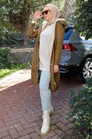 Hijab clothing BROWN SMOCKING WAIST HOODED COAT 5021-1