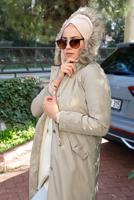 Hijab clothing BEIGE SMOCKING WAIST HOODED COAT 5021-1