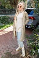 Hijab clothing BEIGE SMOCKING WAIST HOODED COAT 5021-1