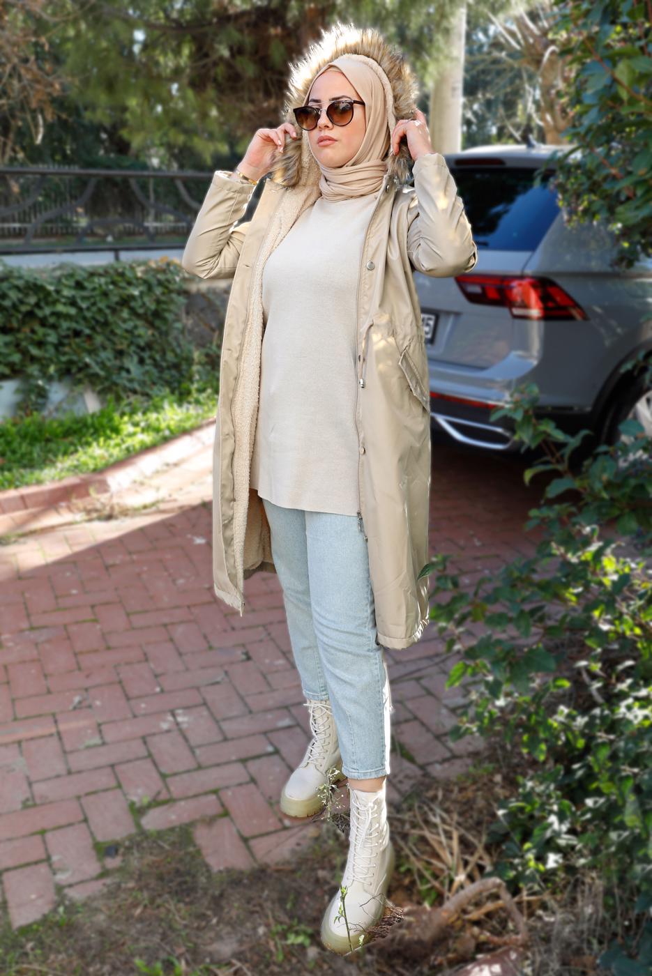 Hijab clothing BEIGE SMOCKING WAIST HOODED COAT 5021-1