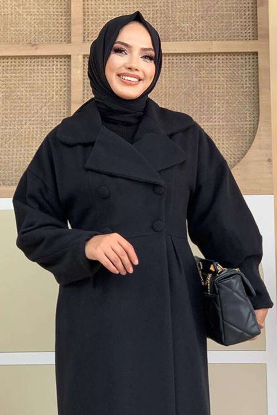 Tesettür giyim SİYAH BALON KOL DÜĞMELİ KAŞE KABAN 5077 