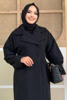 Tesettür giyim SİYAH BALON KOL DÜĞMELİ KAŞE KABAN 5077 