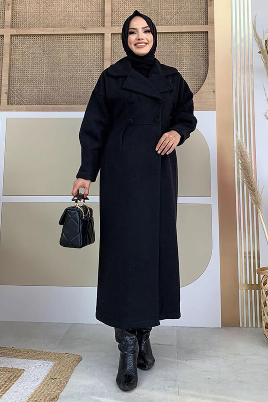 Tesettür giyim SİYAH BALON KOL DÜĞMELİ KAŞE KABAN 5077 