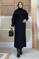 Tesettür giyim SİYAH BALON KOL DÜĞMELİ KAŞE KABAN 5077 