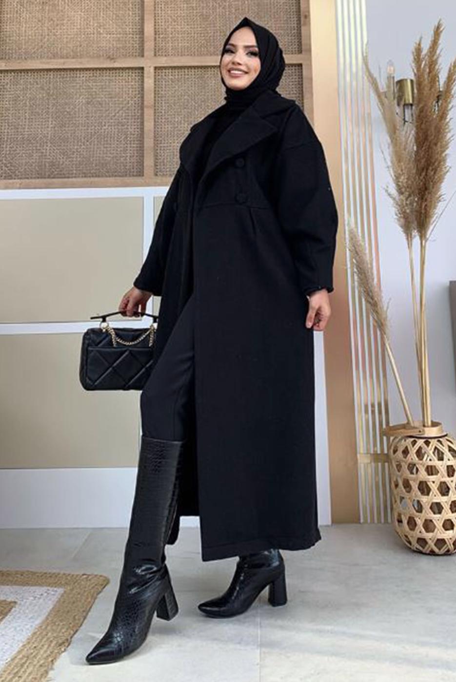 Tesettür giyim SİYAH BALON KOL DÜĞMELİ KAŞE KABAN 5077 