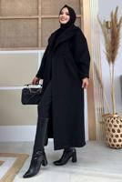 Tesettür giyim SİYAH BALON KOL DÜĞMELİ KAŞE KABAN 5077 