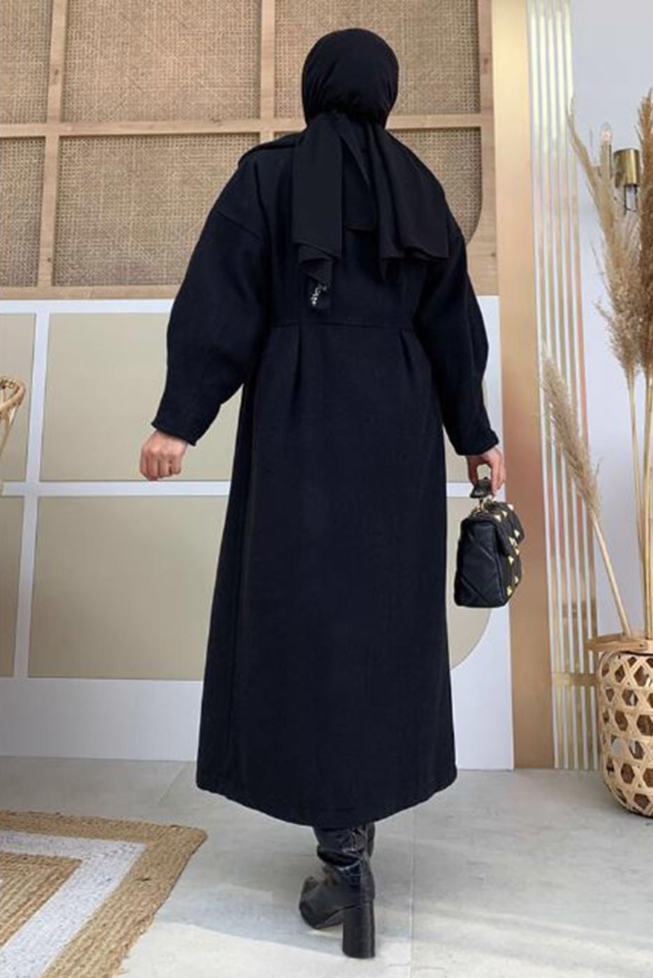 Tesettür giyim SİYAH BALON KOL DÜĞMELİ KAŞE KABAN 5077 