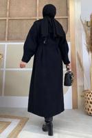 Tesettür giyim SİYAH BALON KOL DÜĞMELİ KAŞE KABAN 5077 