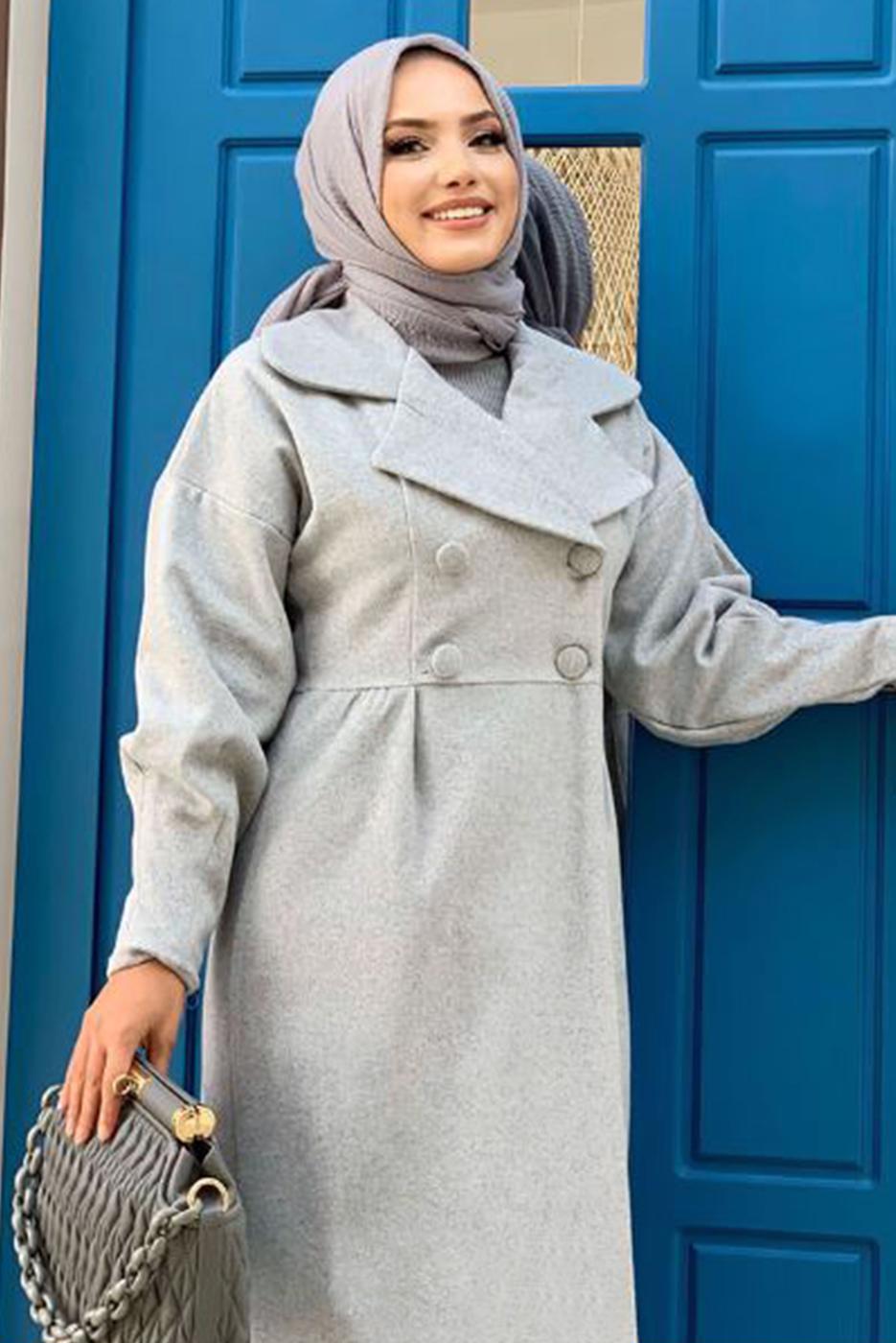Tesettür giyim GRİ BALON KOL DÜĞMELİ KAŞE KABAN 5077 
