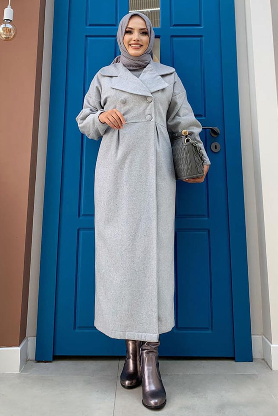 Tesettür giyim GRİ BALON KOL DÜĞMELİ KAŞE KABAN 5077 