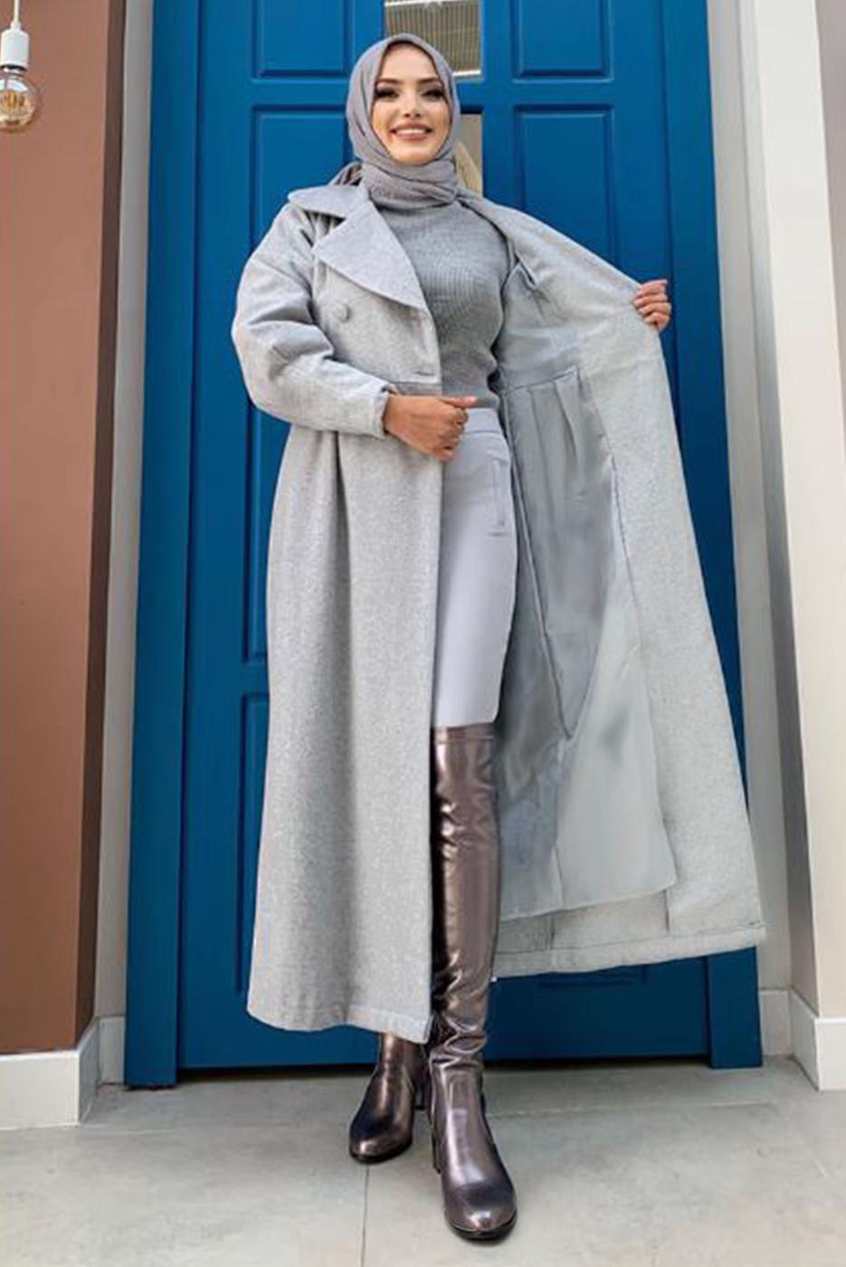 Tesettür giyim GRİ BALON KOL DÜĞMELİ KAŞE KABAN 5077 