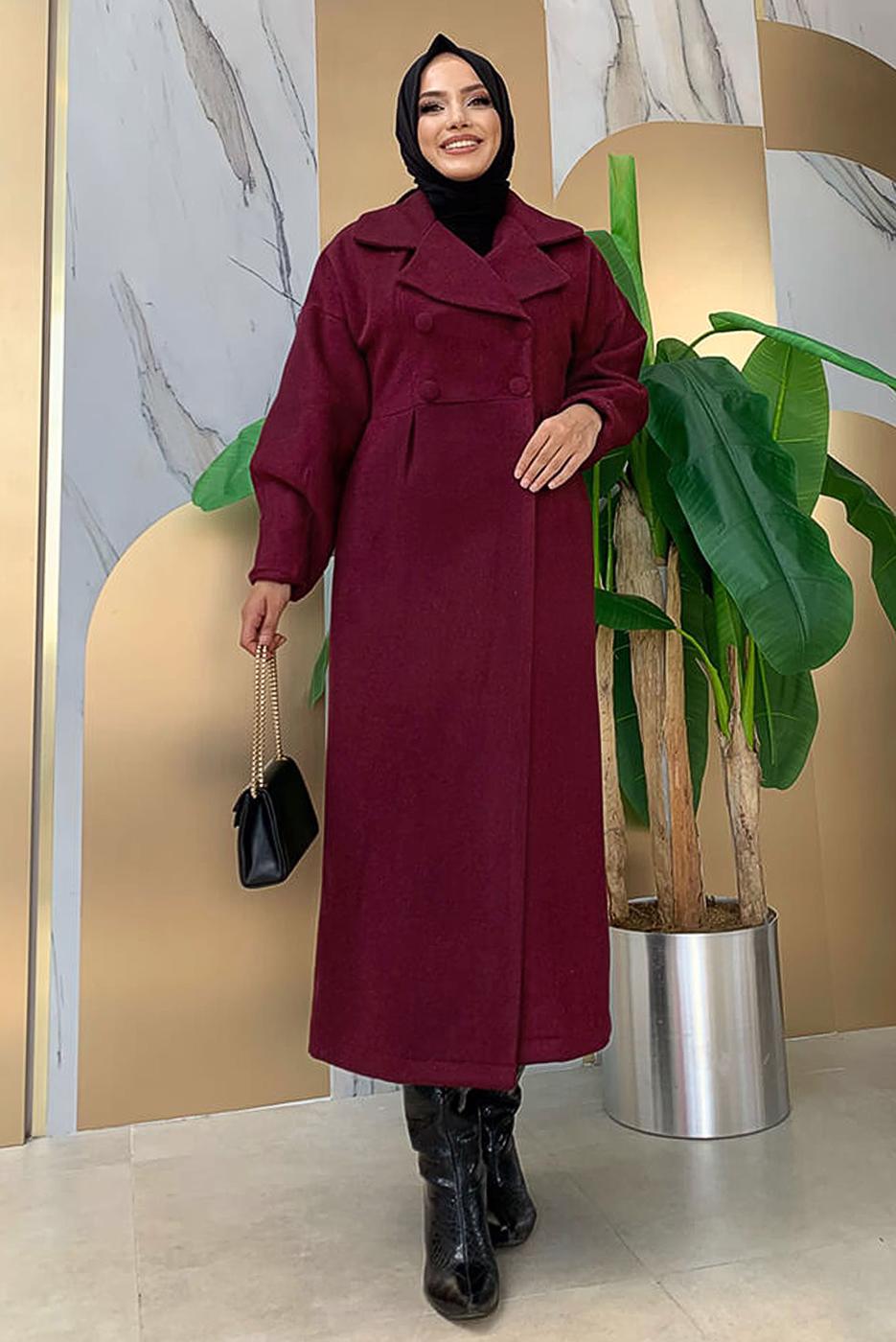 Tesettür giyim BORDO BALON KOL DÜĞMELİ KAŞE KABAN 5077 