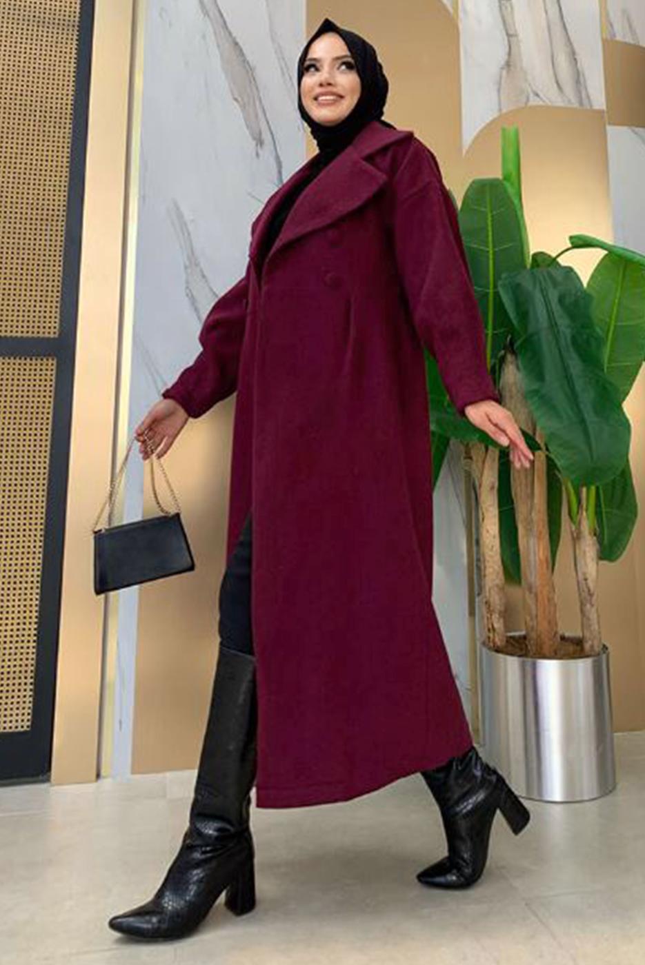 Tesettür giyim BORDO BALON KOL DÜĞMELİ KAŞE KABAN 5077 