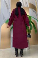 Tesettür giyim BORDO BALON KOL DÜĞMELİ KAŞE KABAN 5077 