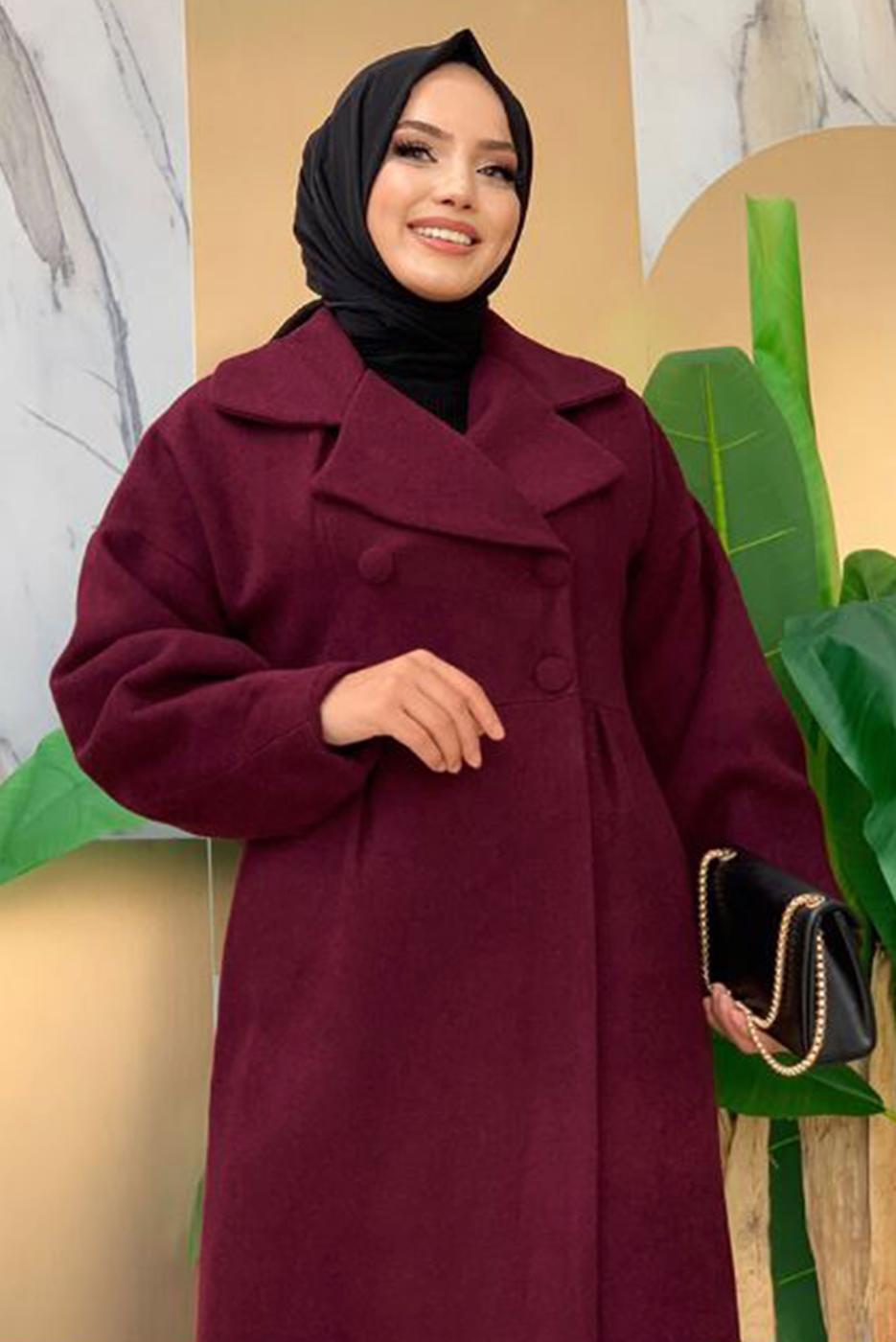 Tesettür giyim BORDO BALON KOL DÜĞMELİ KAŞE KABAN 5077 