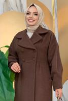Tesettür giyim KAHVE BALON KOL DÜĞMELİ KAŞE KABAN 5077 