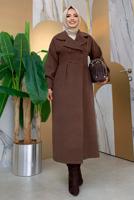 Tesettür giyim KAHVE BALON KOL DÜĞMELİ KAŞE KABAN 5077 