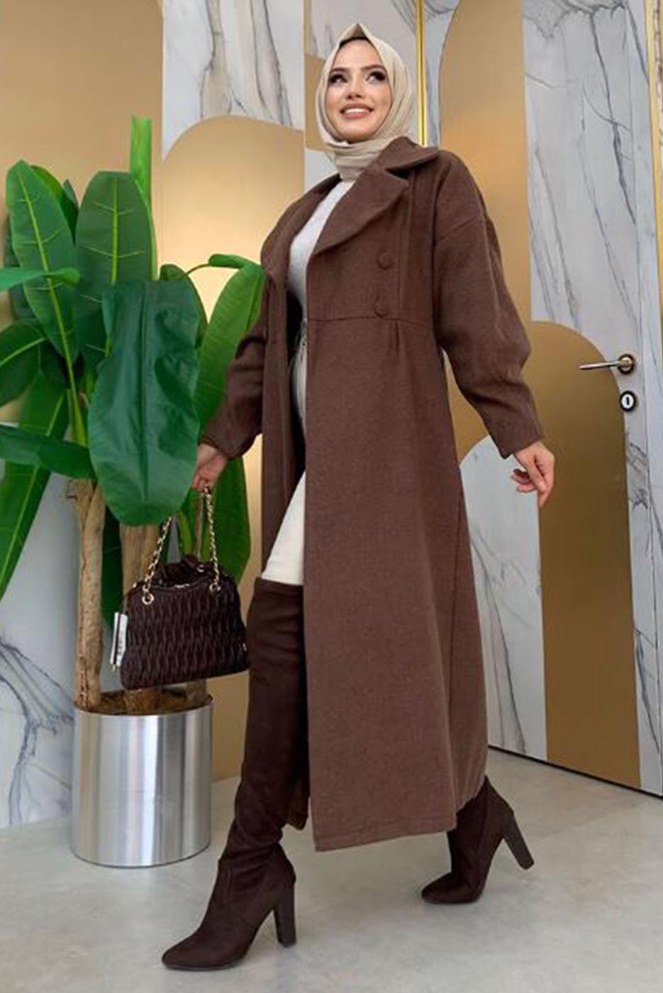 Tesettür giyim KAHVE BALON KOL DÜĞMELİ KAŞE KABAN 5077 