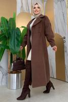 Tesettür giyim KAHVE BALON KOL DÜĞMELİ KAŞE KABAN 5077 